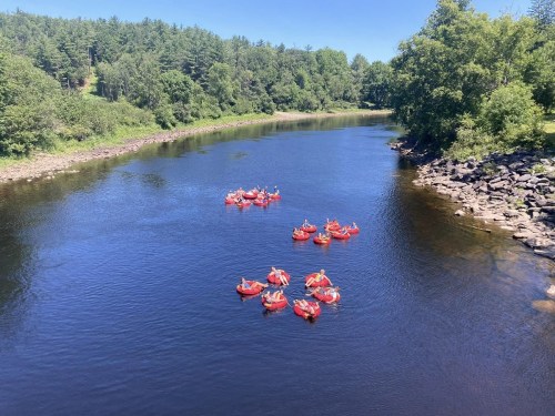 A group of people in red rafts floating on a calm river surrounded by lush green trees under a clear blue sky.