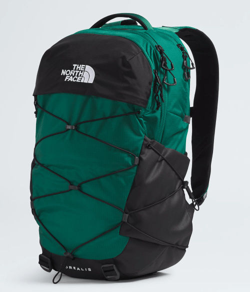 A green and black North Face backpack with a bungee cord design and multiple compartments.