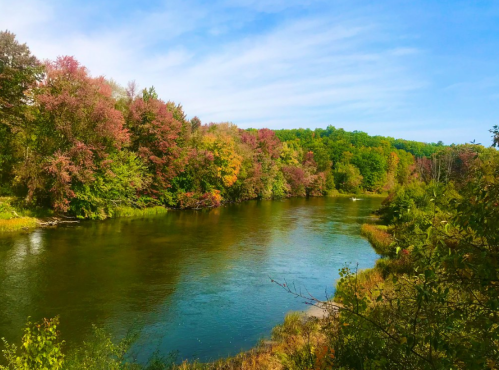 A serene river surrounded by trees with vibrant autumn foliage under a clear blue sky.