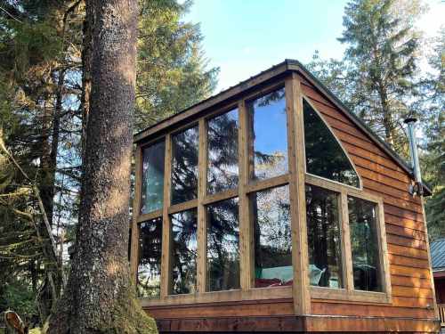 A modern wooden cabin with large windows, surrounded by tall trees and a clear blue sky.