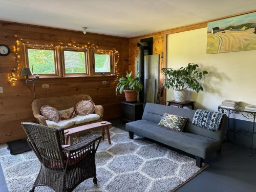 Cozy living room with wooden walls, a sofa, armchair, plants, and soft lighting from string lights.