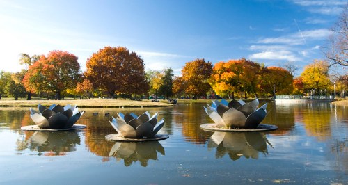 Three metallic lotus sculptures float on a serene pond, surrounded by vibrant autumn trees under a clear blue sky.