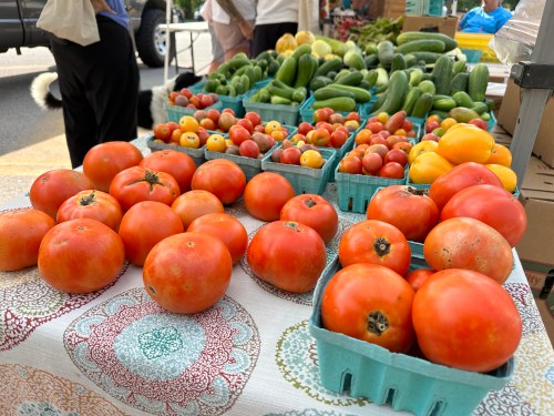 A vibrant farmers market display featuring fresh tomatoes, cucumbers, and various colorful vegetables on a table.