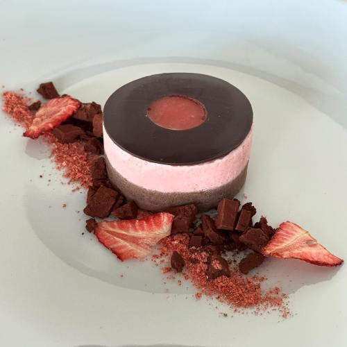 A round dessert with a chocolate top, pink mousse layer, and chocolate crumbs, garnished with dried strawberry slices.