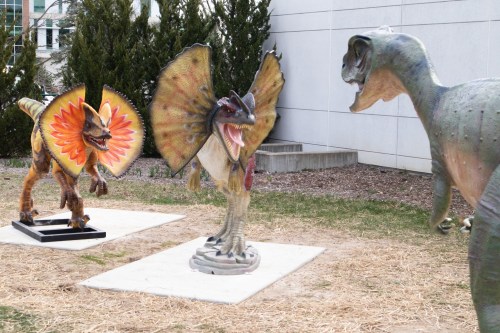 Three colorful dinosaur sculptures in a grassy area, featuring a spiky-backed dinosaur and two others with vibrant details.