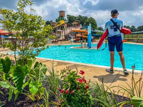 A lifeguard stands by a pool with water slides in the background, surrounded by greenery and colorful flowers.