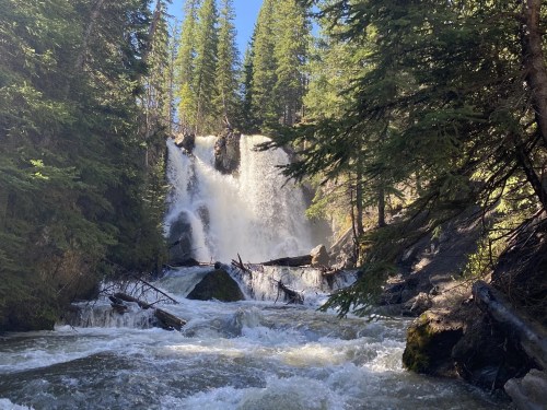 A scenic waterfall cascades down rocky terrain, surrounded by lush green trees and flowing water below.