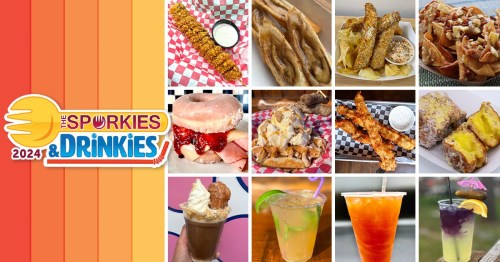 A collage of various delicious foods and drinks from the 2024 Sporkies event, featuring sweet and savory treats.
