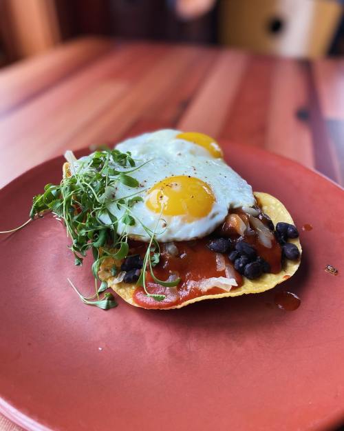 A plate of huevos rancheros featuring two fried eggs, black beans, salsa, and microgreens on a tortilla.