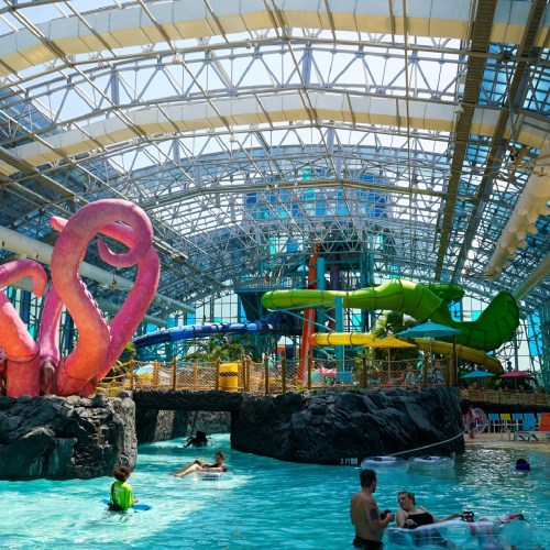 Indoor water park featuring colorful slides, a large octopus sculpture, and people enjoying the pool area.