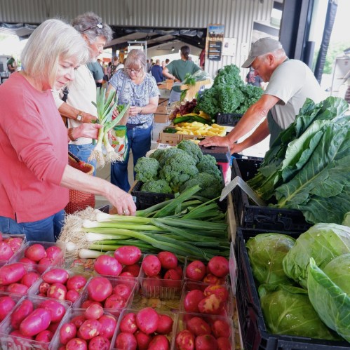 A bustling farmers market scene with shoppers selecting fresh vegetables, including green onions, broccoli, and potatoes.