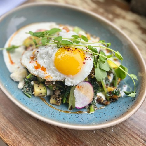 A vibrant dish featuring sautéed greens, radishes, and a sunny-side-up egg on a blue plate, garnished with microgreens.