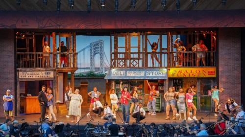 A vibrant stage scene from a musical, featuring diverse characters in a neighborhood setting with storefronts and a bridge backdrop.