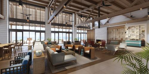Bright, modern lounge area with wooden beams, comfortable seating, and large windows overlooking a scenic view.