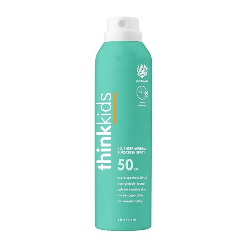 A teal sunscreen spray bottle labeled "thinkkids" with SPF 50, designed for sensitive skin and easy application.