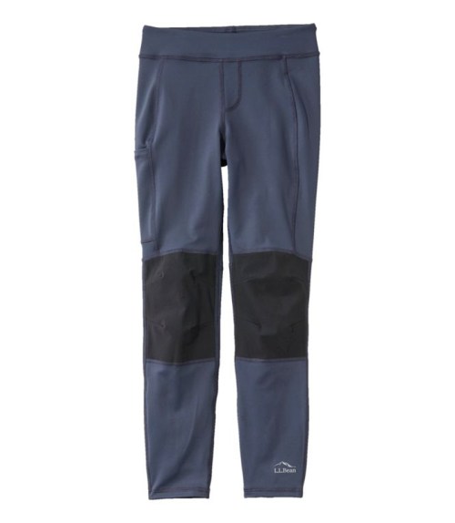 Navy blue athletic leggings with black knee panels and side pockets.