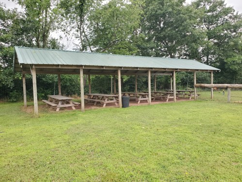 A covered picnic area with wooden tables, surrounded by grass and trees.