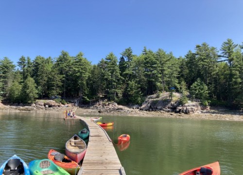 A wooden dock extends into calm water, surrounded by green trees and colorful kayaks. People are enjoying the outdoors.