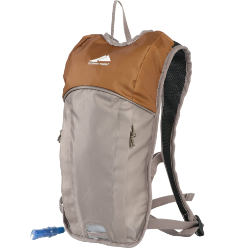 A lightweight, tan and gray hydration backpack with a water tube and adjustable straps. Ideal for outdoor activities.