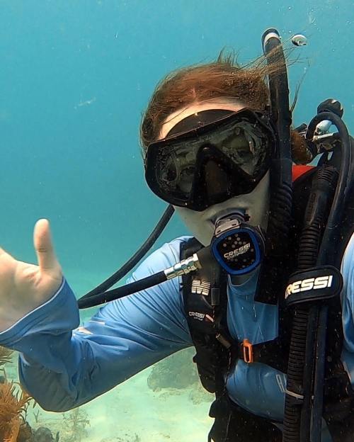 A diver underwater waves while wearing a mask and scuba gear, surrounded by marine plants.