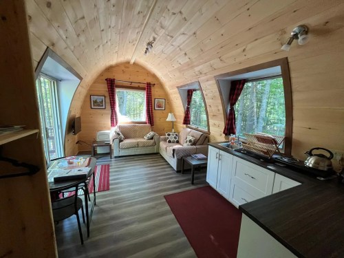 Cozy interior of a wooden cabin with a living area, kitchenette, and large windows overlooking a forest.