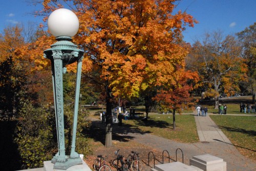 A decorative lamp post in the foreground with vibrant autumn trees and a park scene in the background.