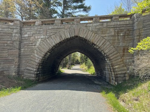 A stone arch bridge over a gravel path, surrounded by trees and greenery on a sunny day.