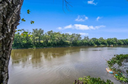 A serene river scene surrounded by lush trees under a clear blue sky.