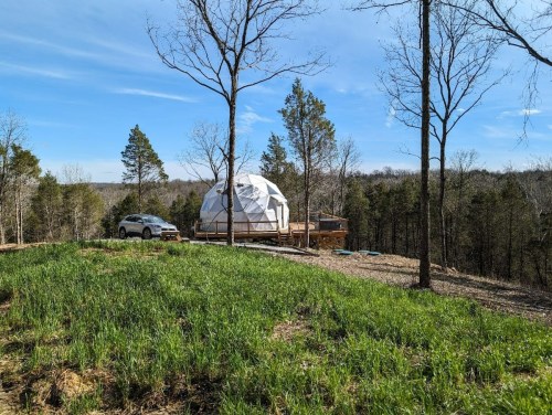 A geodesic dome home on a hillside, surrounded by trees and grass, with a car parked nearby under a clear blue sky.