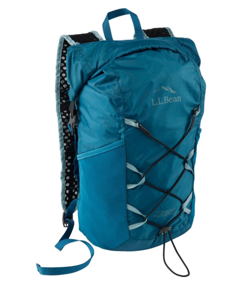 A teal L.L.Bean backpack with a bungee cord design and adjustable straps, ideal for outdoor activities.