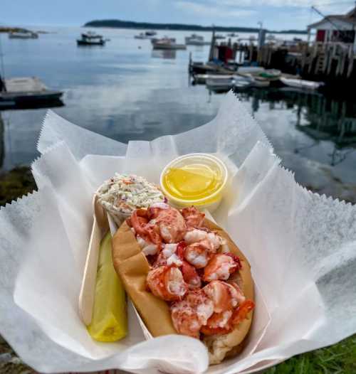 A lobster roll with coleslaw and lemon butter, set against a scenic waterfront with boats in the background.