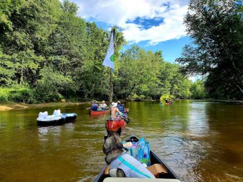 A group of people in canoes and kayaks paddling down a calm river surrounded by lush greenery and blue skies.