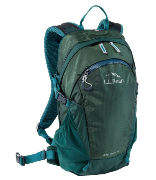 A green L.L.Bean Ridge Runner 15 backpack with adjustable straps and a mesh back panel.