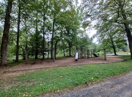 A playground with swings and a slide, surrounded by trees and grassy areas, on a cloudy day.