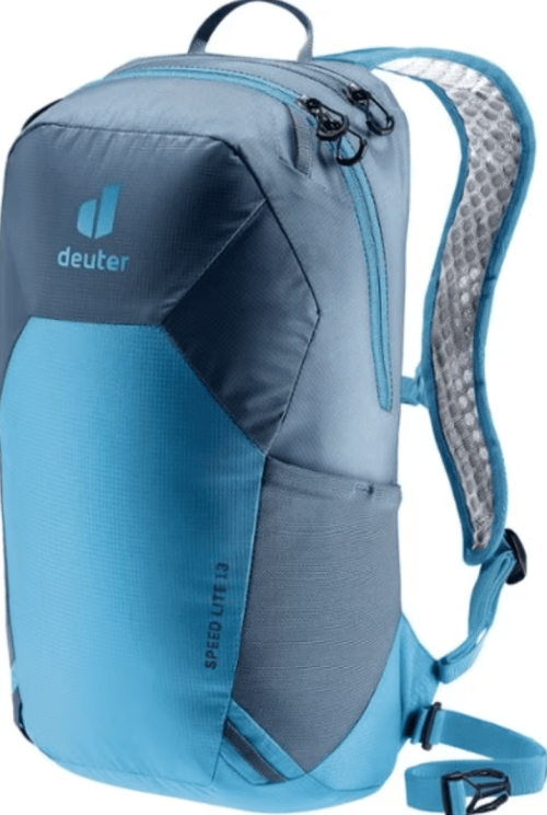 A blue and gray Deuter Speed Lite 13 backpack with adjustable straps and a mesh back panel.
