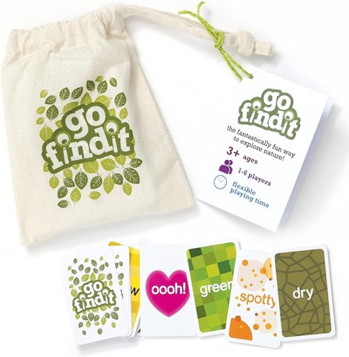 A canvas bag with "go find it" logo and a deck of colorful cards for a fun, nature-themed game for 3+ players.