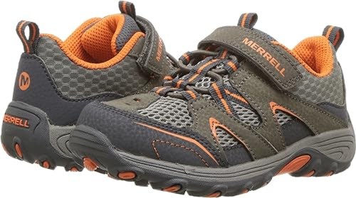 Gray and orange Merrell sneakers with a mesh design and Velcro strap, suitable for outdoor activities.