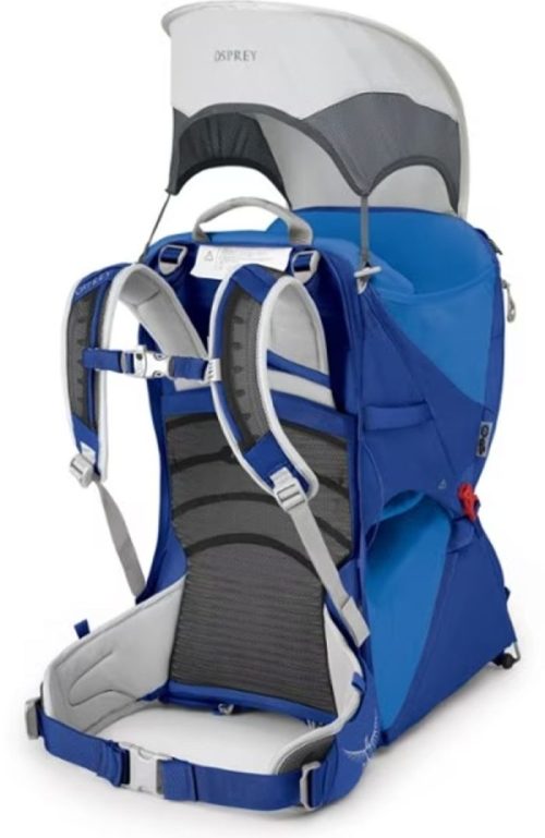 A blue child carrier backpack with a sunshade and adjustable straps, designed for outdoor use.