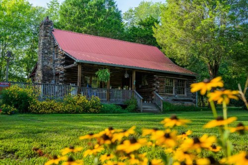 A rustic log cabin with a red roof surrounded by green trees and yellow flowers in the foreground.
