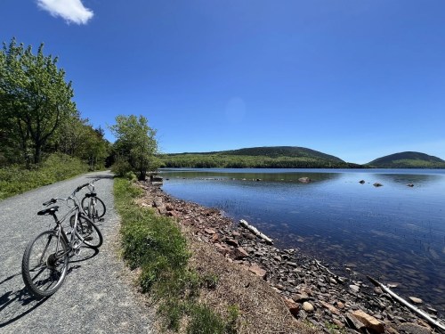 Two bicycles parked by a serene lake, surrounded by greenery and mountains under a clear blue sky.
