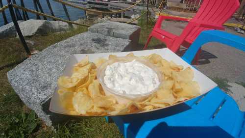 A plate of crispy potato chips with a bowl of creamy dip, set on a stone near a waterfront with colorful chairs.