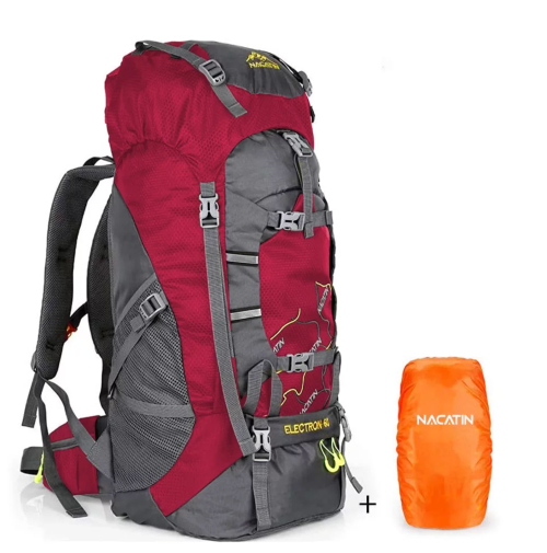 A red and gray hiking backpack with multiple compartments, accompanied by a small orange rain cover.