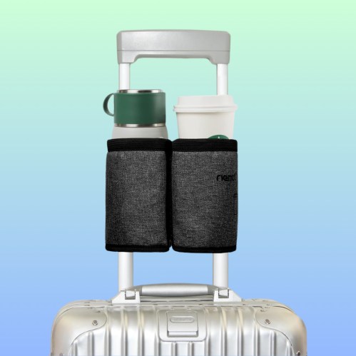 A travel cup holder attached to a suitcase handle, holding a coffee cup and a travel mug against a gradient background.