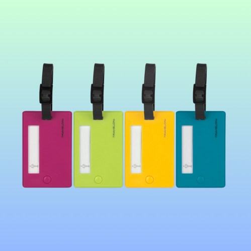Four colorful luggage tags in pink, green, yellow, and blue, each with a clear window for identification.