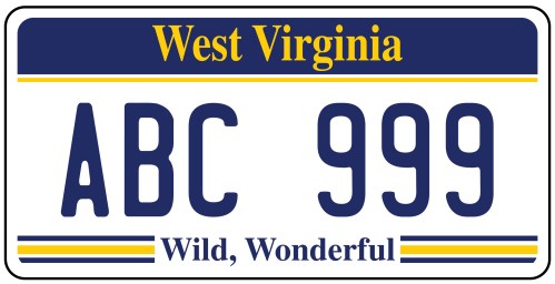 West Virginia license plate featuring "ABC 999" and the slogan "Wild, Wonderful."