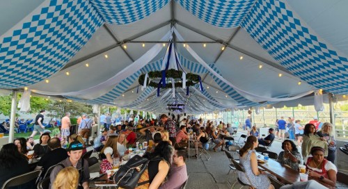 A large tent filled with people dining and socializing, decorated with blue and white checkered patterns and string lights.