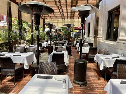 Outdoor restaurant patio with tables set for dining, featuring heaters and greenery in a sunny atmosphere.