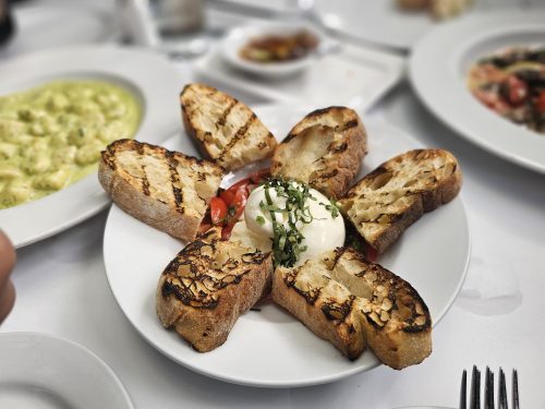 A plate with grilled bread arranged in a flower shape, topped with fresh tomatoes and a creamy burrata cheese.