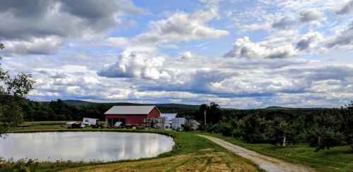 A red barn beside a pond, with rolling hills and a cloudy sky in the background. A gravel path leads to the barn.