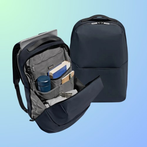 A sleek navy backpack with a laptop compartment and organized interior for books and accessories, set against a gradient background.